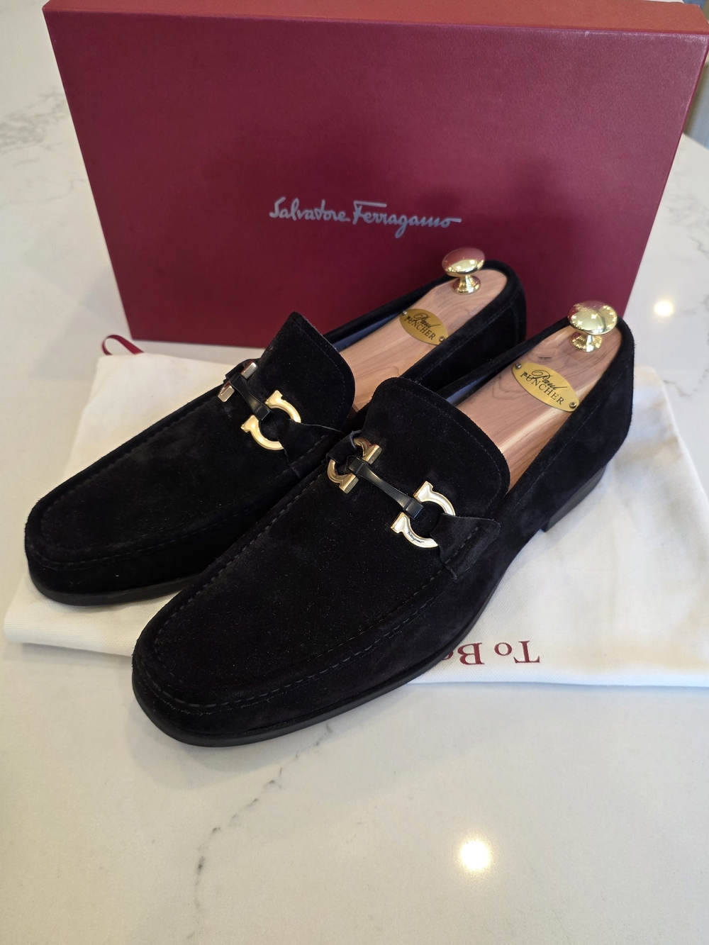 Salvatore Ferragamo Men’s Black Suede Bit Loafers